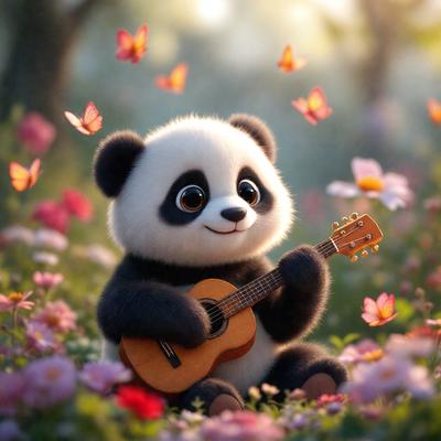 The primary subject of the image is a cute panda bear sitting on the ground and holding a guitar. The setting is a flower-filled field, creating a pleasant and colorful backdrop. The visual style is a combination of photo and digital art, giving the image a unique and creative appearance. The dominant colors are pink and purple, which contribute to the overall cheerful and warm atmosphere of the scene.